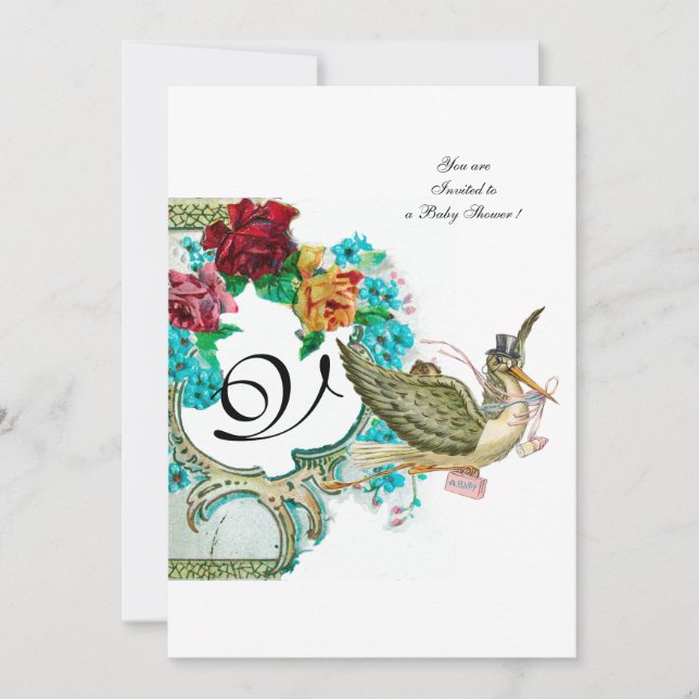 STORK BABY SHOWER 3 MONOGRAM ,white Invitation (Front)