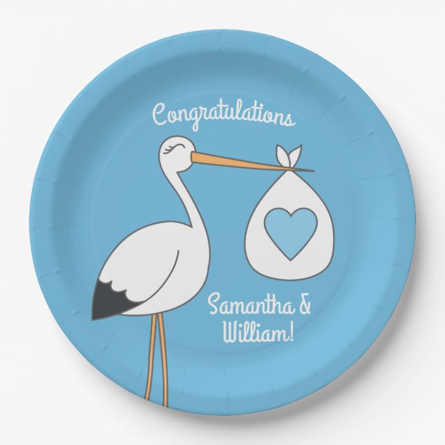 Stork Baby Shower Blue Boy Paper Plate (Front)