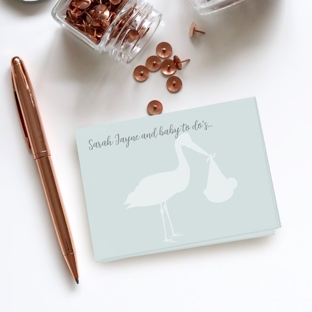 Stork Baby Shower Blue Post it Notes (Elegant stork dusty blue post it notes with space for your name)