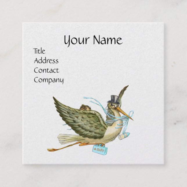 STORK BABY SHOWER Blue White Pearl Paper Square Business Card (Front)