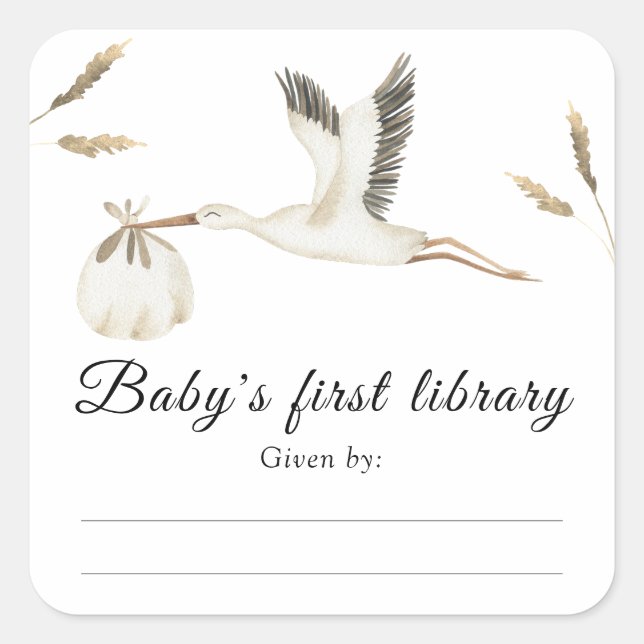 Stork - Baby Shower bookplate, books for baby Square Sticker (Front)