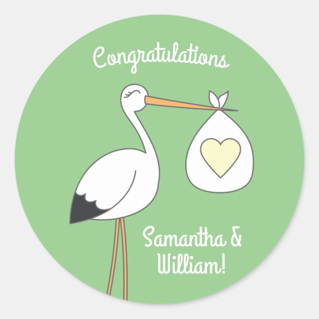 Stork Baby Shower Green Classic Round Sticker (Front)
