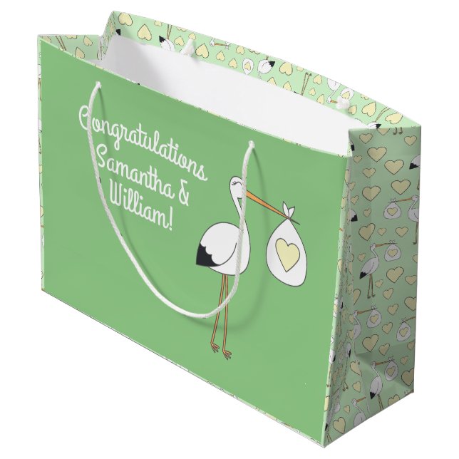 Stork Baby Shower Green Gender Neutral Large Gift Bag (Back Angled)