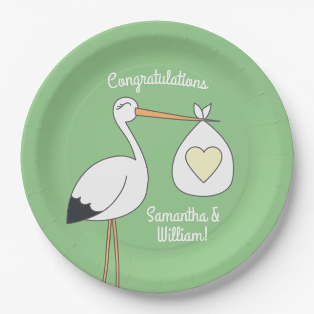 Stork Baby Shower Green Paper Plate (Front)