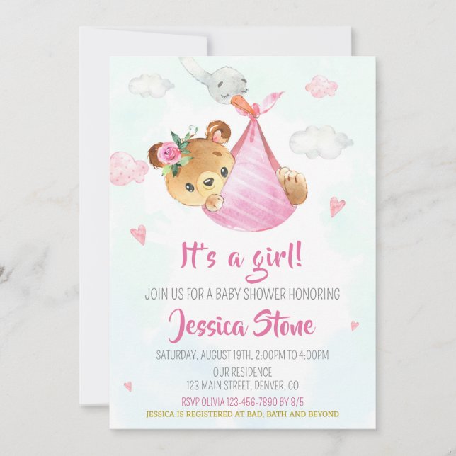 Stork baby shower invitation Baby bear invite (Front)