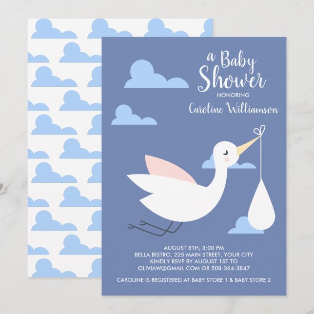 Stork Baby Shower Invitation Baby Bundle & Clouds (Front/Back)