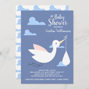 Stork Baby Shower Invitation Baby Bundle & Clouds