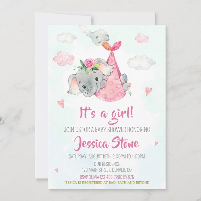 Stork baby shower invitation Baby elephant invite (Front)