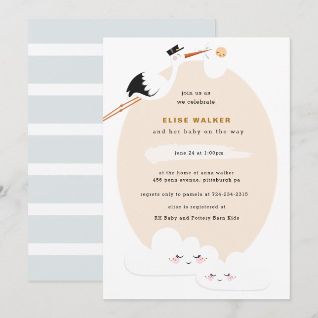 Stork Baby Shower Invitation with Clouds (Front/Back)