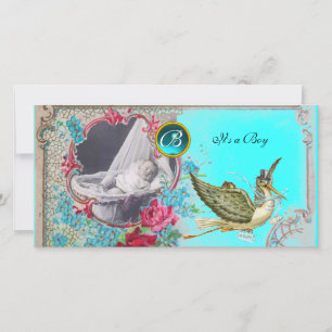 STORK BABY SHOWER MONOGRAM ,aquamarine Announcement