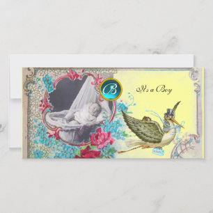 STORK BABY SHOWER MONOGRAM ,aquamarine,white Announcement