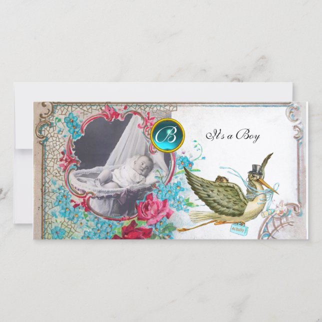 STORK BABY SHOWER MONOGRAM ,aquamarine,white Announcement (Front)