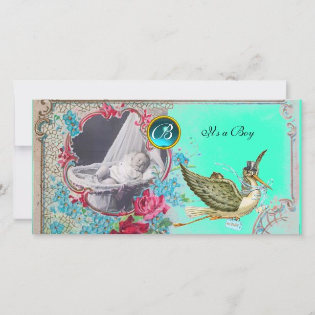 STORK BABY SHOWER MONOGRAM ,aquamarine,white Announcement (Front)