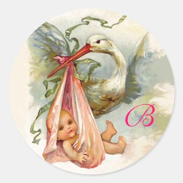STORK BABY SHOWER  MONOGRAM , CLASSIC ROUND STICKER (Front)
