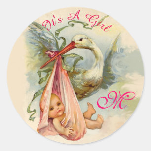 STORK BABY SHOWER  MONOGRAM , CLASSIC ROUND STICKER