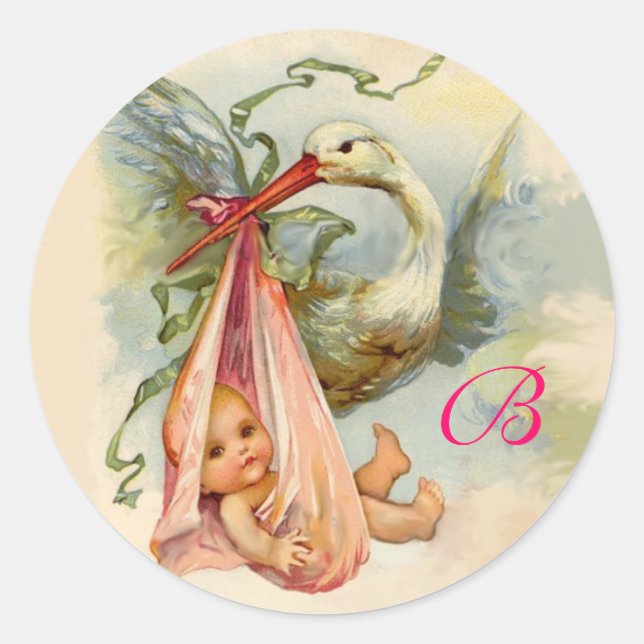 STORK BABY SHOWER  MONOGRAM , CLASSIC ROUND STICKER (Front)