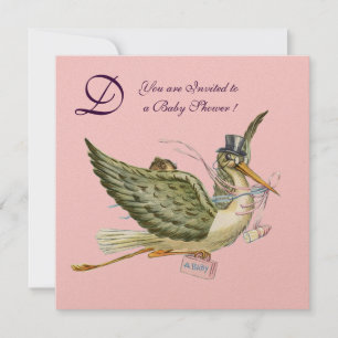 STORK BABY SHOWER MONOGRAM ,gold metallic Invitation