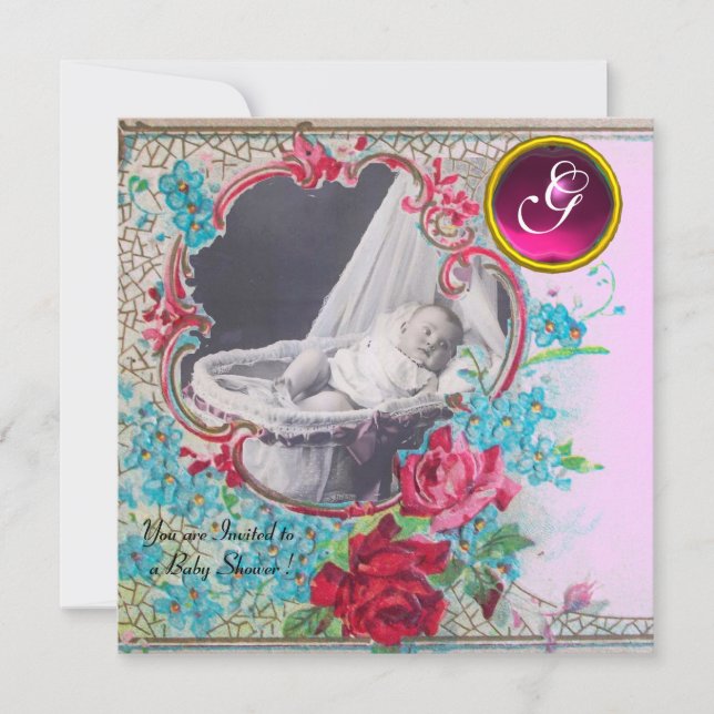 STORK BABY SHOWER MONOGRAM PHOTO TEMPLATE,white Invitation (Front)