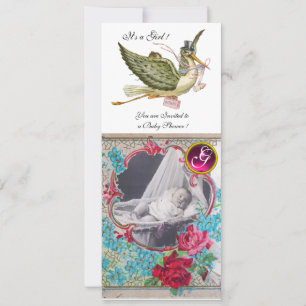 STORK BABY SHOWER MONOGRAM PHOTO TEMPLATE,white Invitation