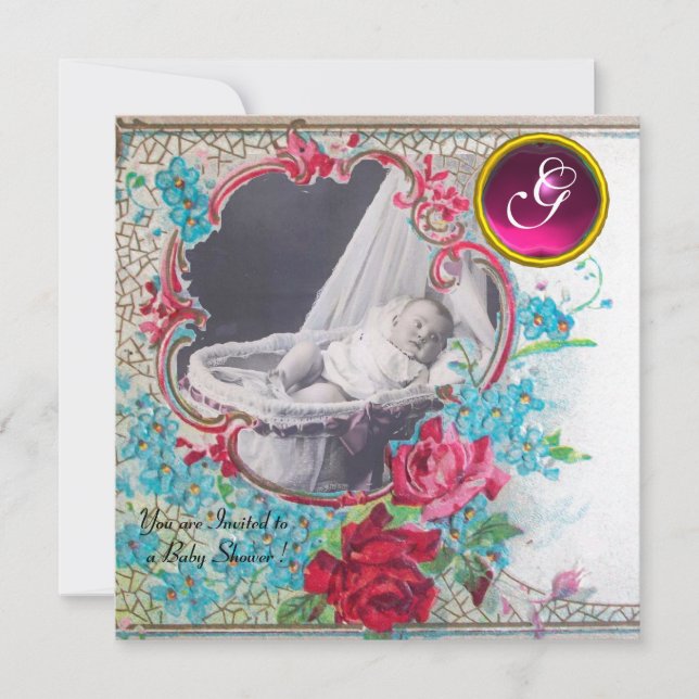 STORK BABY SHOWER MONOGRAM PHOTO TEMPLATE,white Invitation (Front)