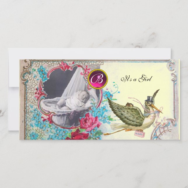 STORK BABY SHOWER MONOGRAM ,ruby,cream Announcement (Front)