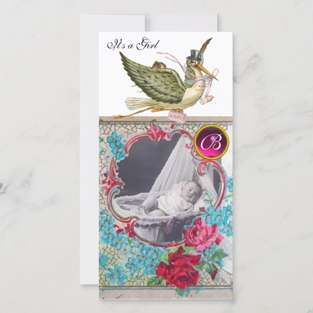 STORK BABY SHOWER MONOGRAM ,ruby.white Announcement (Front)