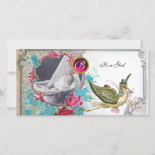 STORK BABY SHOWER MONOGRAM ,ruby,white Announcement