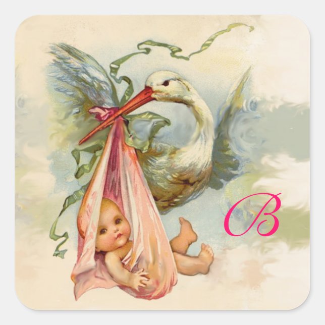 STORK BABY SHOWER  MONOGRAM , SQUARE STICKER (Front)