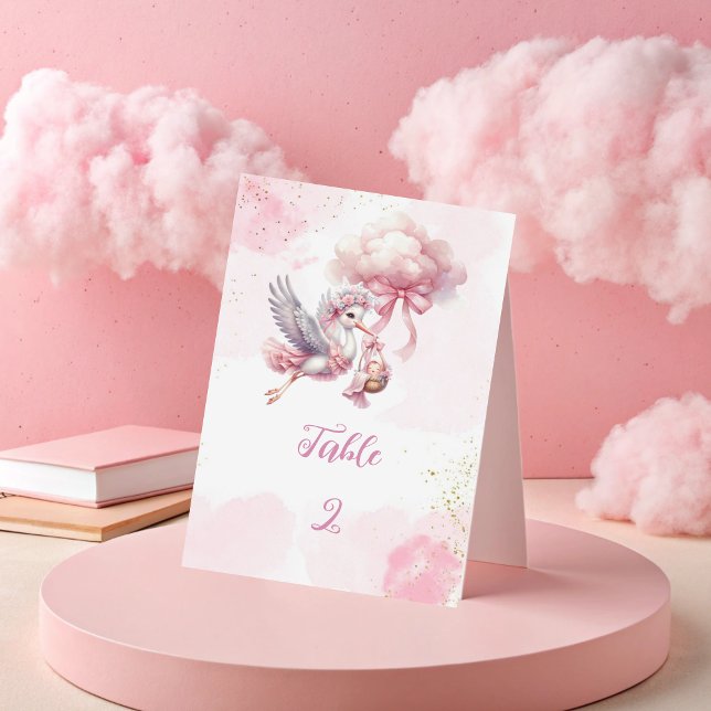 Stork Baby Shower – Pink Clouds & Gold sparkle  Table Number (Creator Uploaded)
