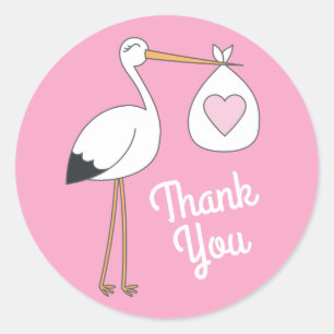 Stork Baby Shower Pink Girl Cute Cartoon Classic Round Sticker