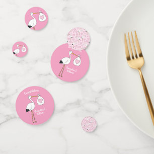 Stork Baby Shower Pink Girl Cute Cartoon Confetti