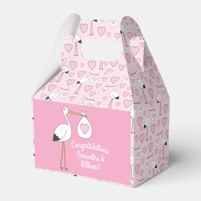 Stork Baby Shower Pink Girl Cute Cartoon Favour Box (Front Side)