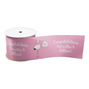 Stork Baby Shower Pink Girl Cute Cartoon Satin Ribbon