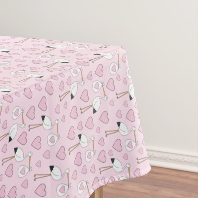 Stork Baby Shower Pink Girl Cute Cartoon Tablecloth (In Situ)