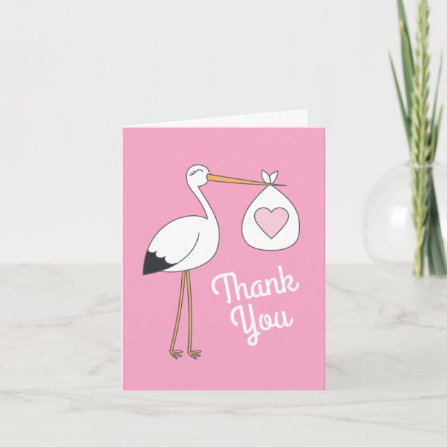 Stork Baby Shower Pink Girl Cute Cartoon Thank You Card (Front)