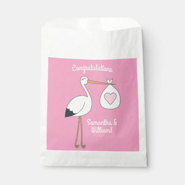 Stork Baby Shower Pink Girl Favour Bags (Front)