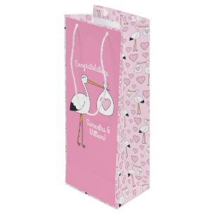 Stork Baby Shower Pink Girl Wine Gift Bag