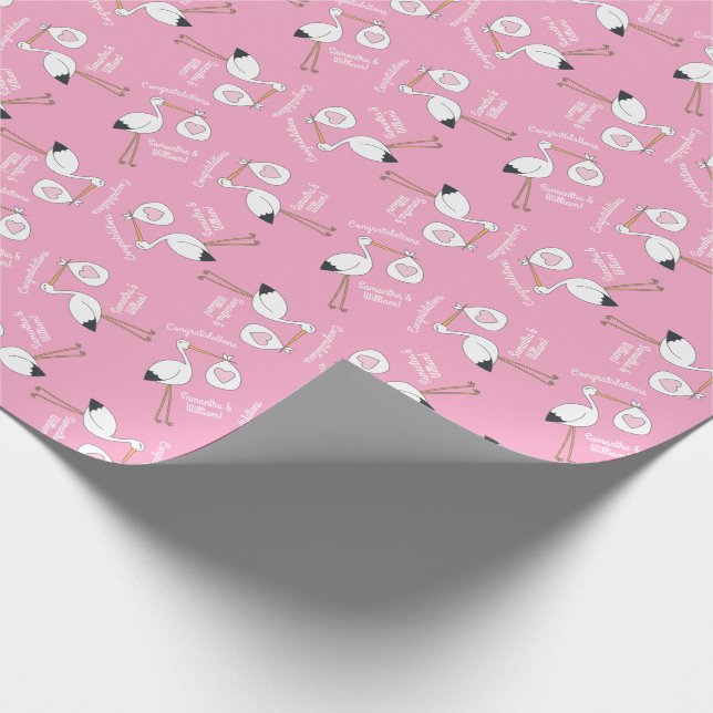 Stork Baby Shower Pink Girl Wrapping Paper (Corner)