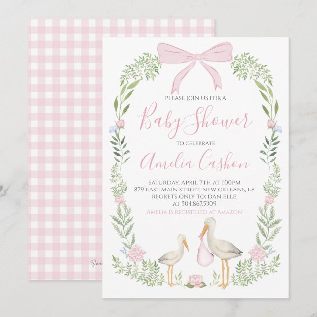 Stork Baby Shower Pink Preppy Southern Girl Invitation (Front/Back)