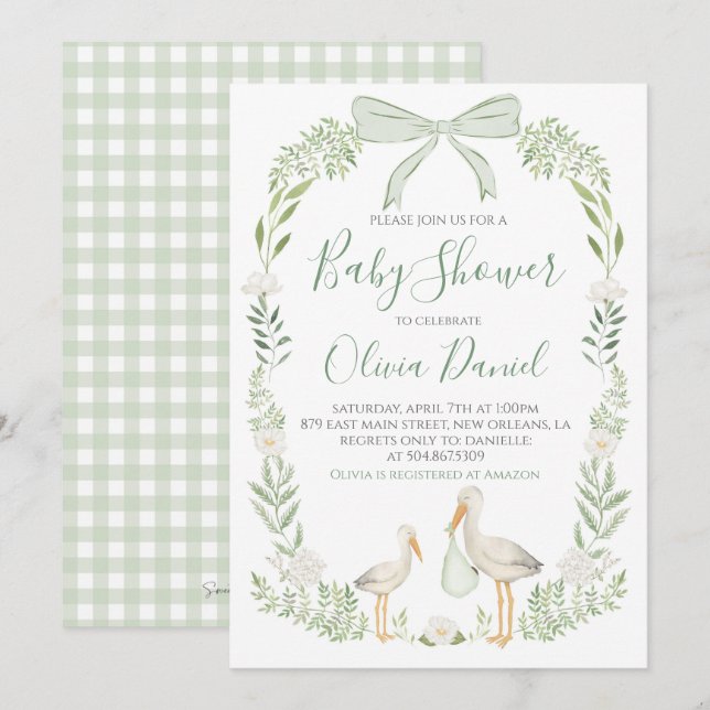 Stork Baby Shower Preppy Coquette Sage Green Invitation (Front/Back)
