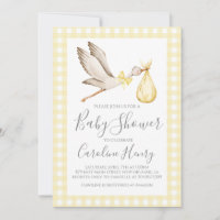 Stork Baby Shower Preppy Gingham Neutral Yellow