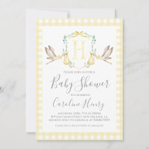 Stork Baby Shower Preppy Gingham Neutral Yellow