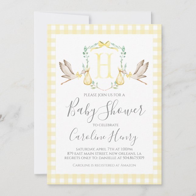 Stork Baby Shower Preppy Gingham Neutral Yellow Invitation (Creator Uploaded)
