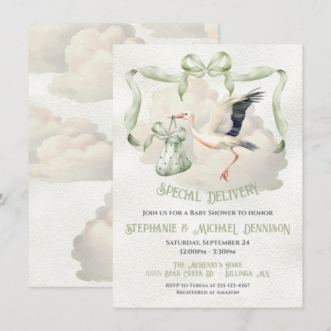 Stork Baby Shower Ribbon Bow Special Delivery Invitation (Front/Back)