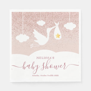 Stork Baby Shower Rose Gold Star Glitter Napkin