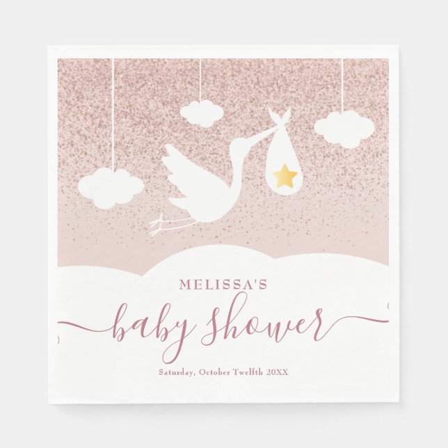 Stork Baby Shower Rose Gold Star Glitter  Napkin (Front)