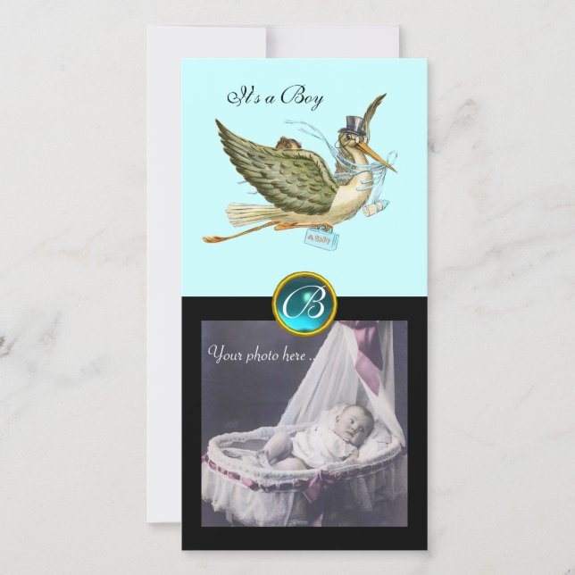STORK BABY SHOWER SQUARE MONOGRAM ,aquamarine Announcement (Front)