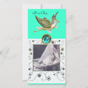 STORK BABY SHOWER SWIRLS MONOGRAM aquamarine Announcement