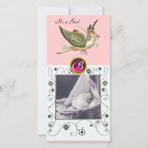 STORK BABY SHOWER SWIRLS MONOGRAM ruby white Announcement