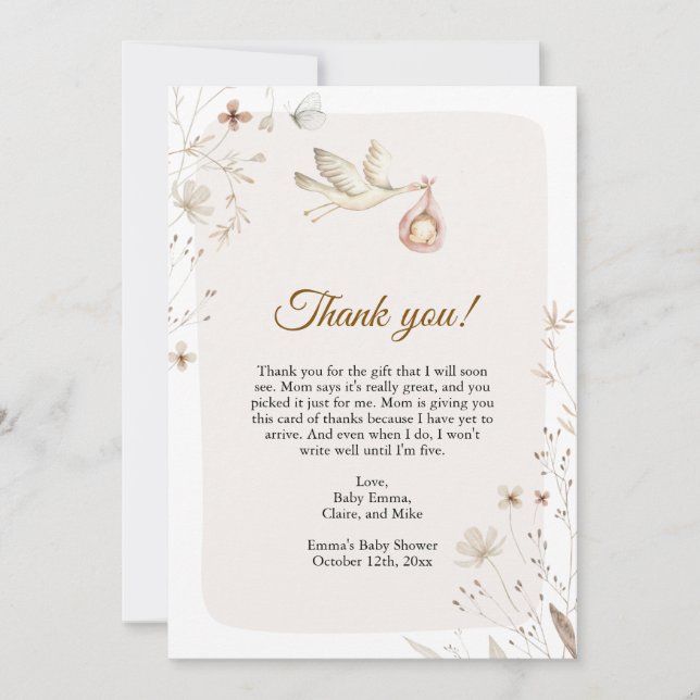Stork Baby Shower Thank You Card (Front)